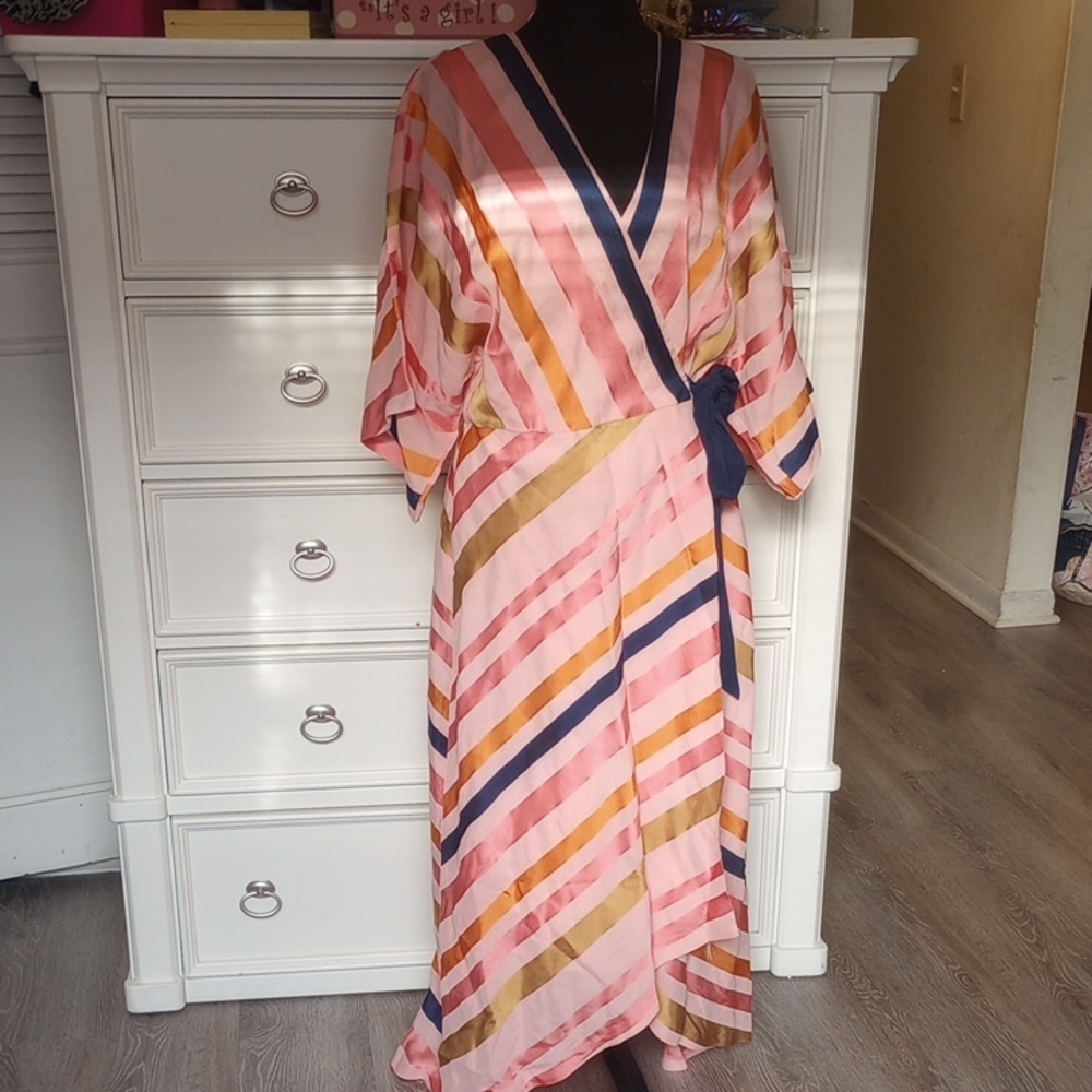 Trina Turk Pink Striped Wrap Maxi Dress with Navy & Gold Accents
